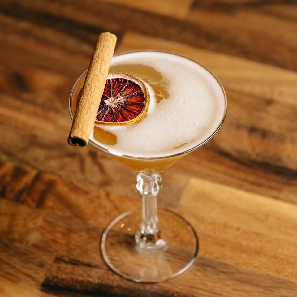 Foamy cocktail in a coupe glass garnished with dried blood orange and a cinnamon stick on a rustic wooden table.