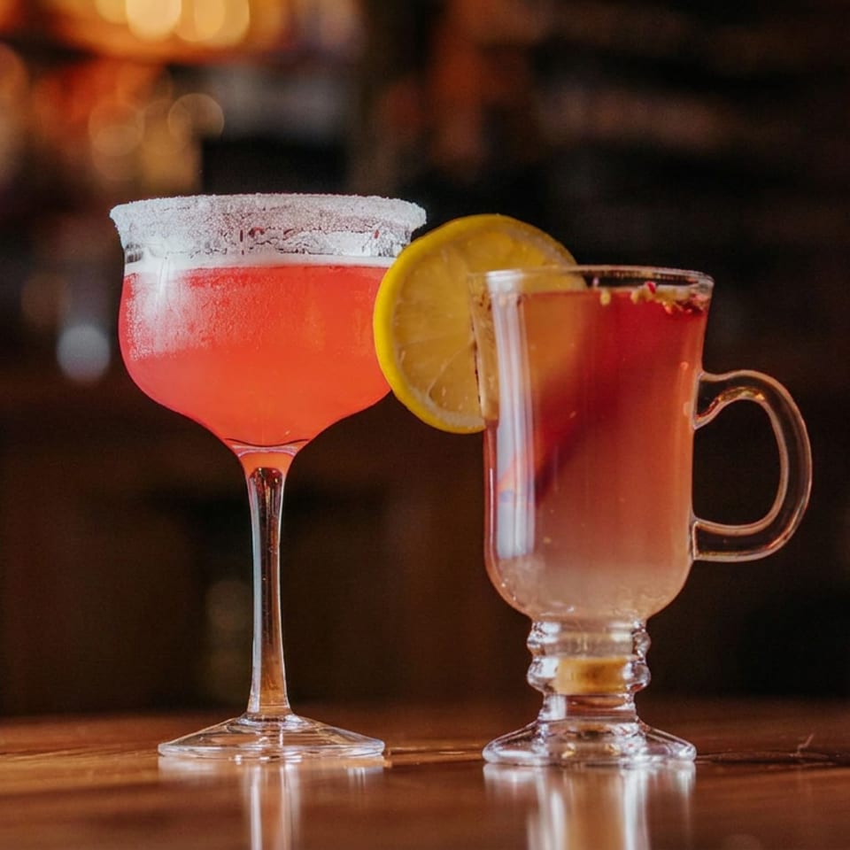 Two red cocktails sit on a wooden bar, one in a salt-rimmed stemmed glass and another in a handled mug with a citrus garnish.