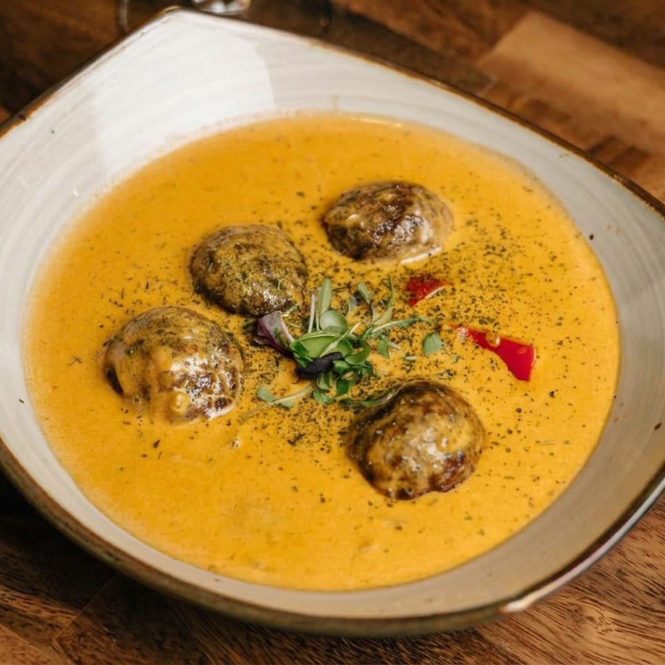 A shallow ceramic bowl holds four browned meatballs in creamy golden sauce, garnished with microgreens and red pepper on a wooden table.