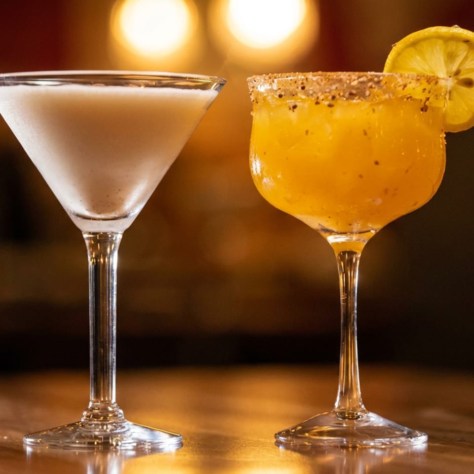 Two cocktails sit on a wooden bar, including a clear martini and a yellow drink with a lemon garnish and seasoned rim.