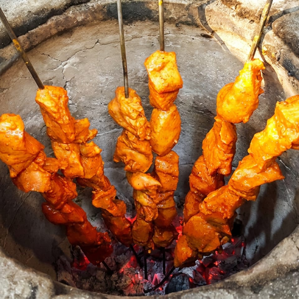 Orange-marinated meat skewers roast over glowing charcoal in a rustic stone-lined grill.