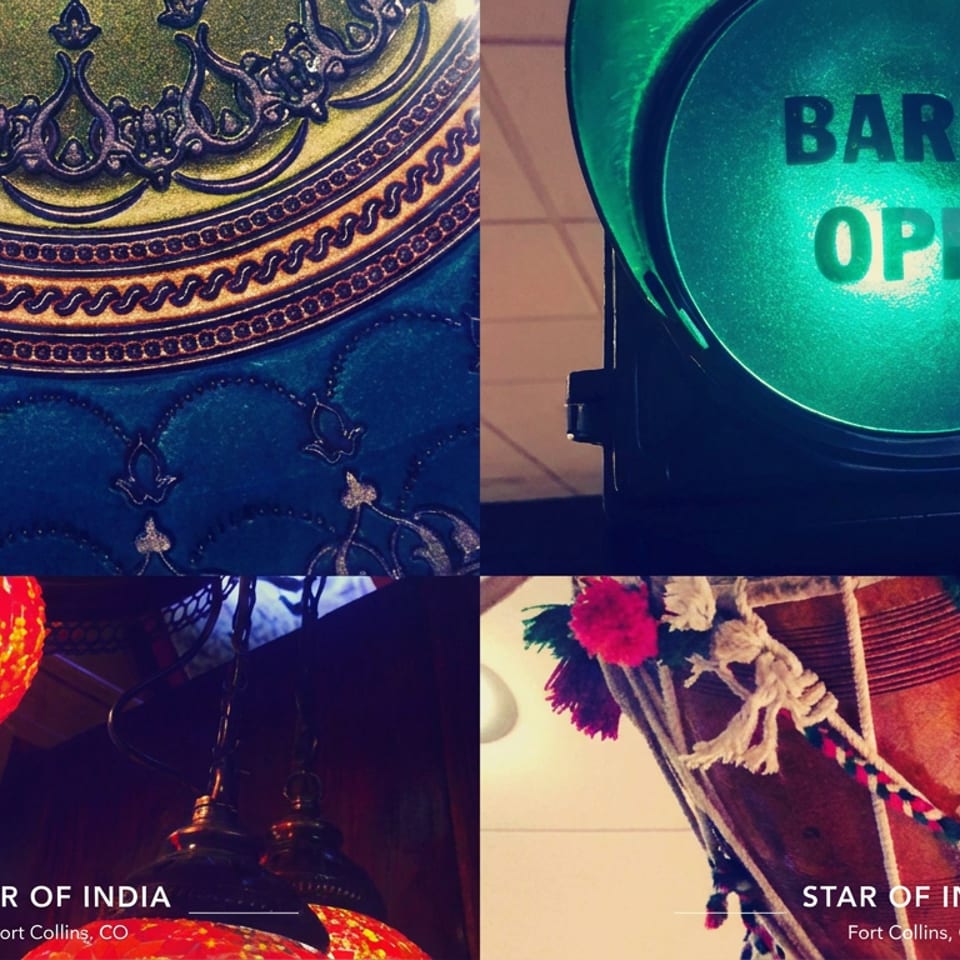 Collage featuring ornate Indian décor, a glowing “BAR IS OPEN” sign, colorful lanterns, and decorated drums at Star of India.