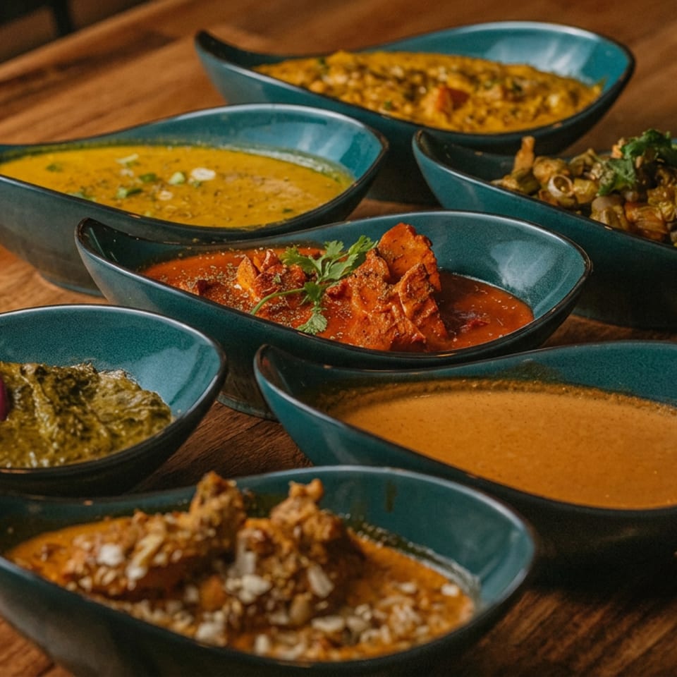 Seven teal bowls of colorful Indian curries and vegetables arranged on a rustic wooden table.