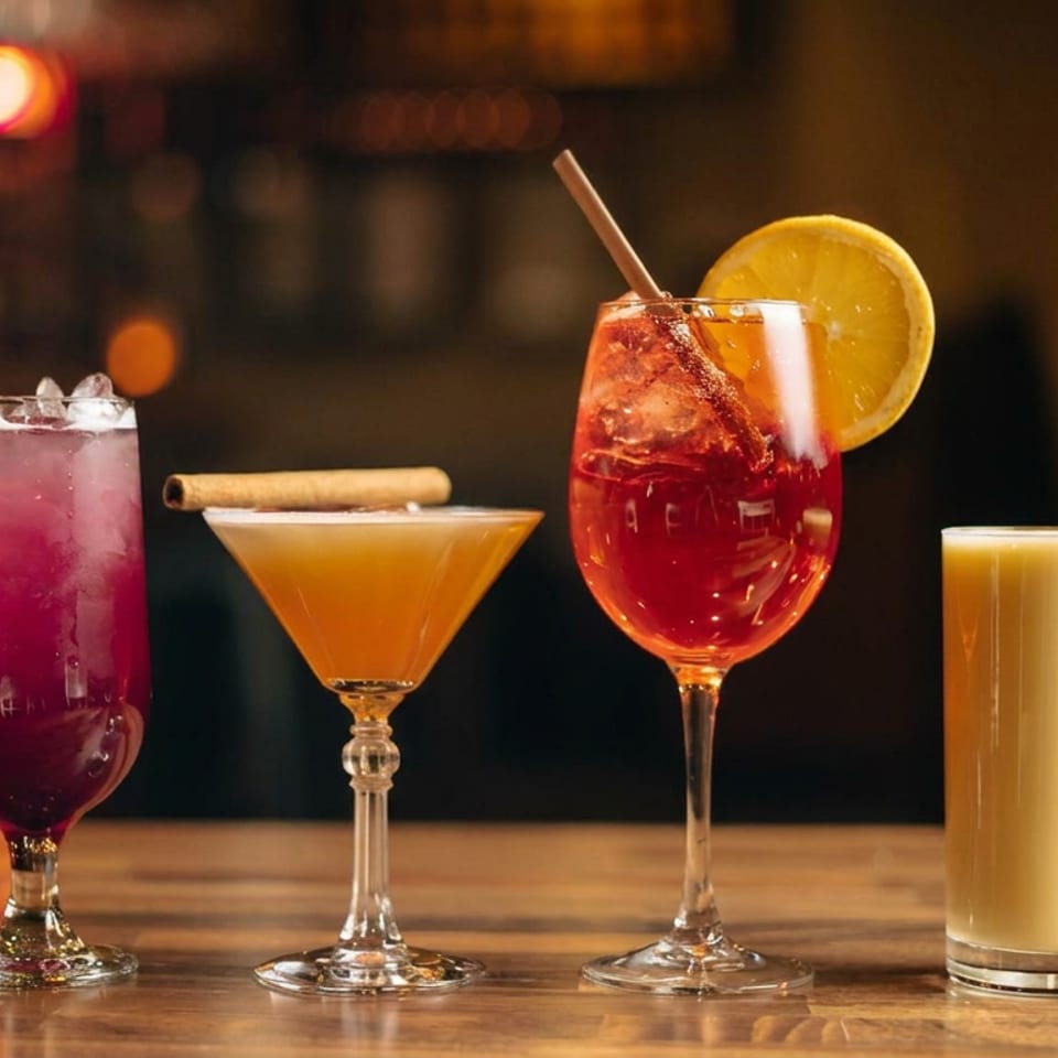 Four colorful cocktails on a wooden bar, including berry and citrus drinks garnished with blackberries, orange, and cinnamon.