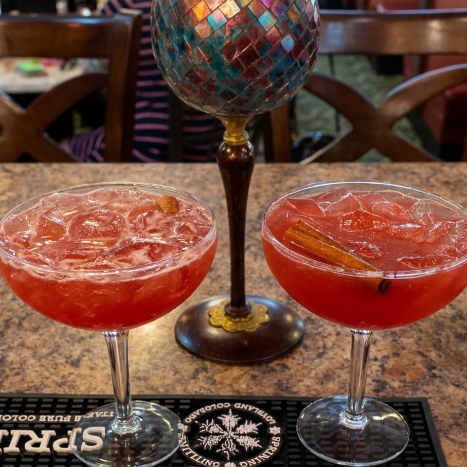 Two red cocktails with ice and citrus garnishes sit on a restaurant bar beside a mosaic globe lamp.