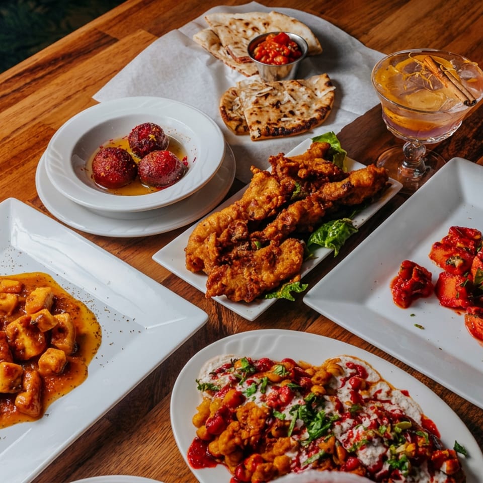 An assortment of Indian-inspired dishes, naan, fried appetizers, colorful entrées, and two cocktails fills a wooden restaurant table.