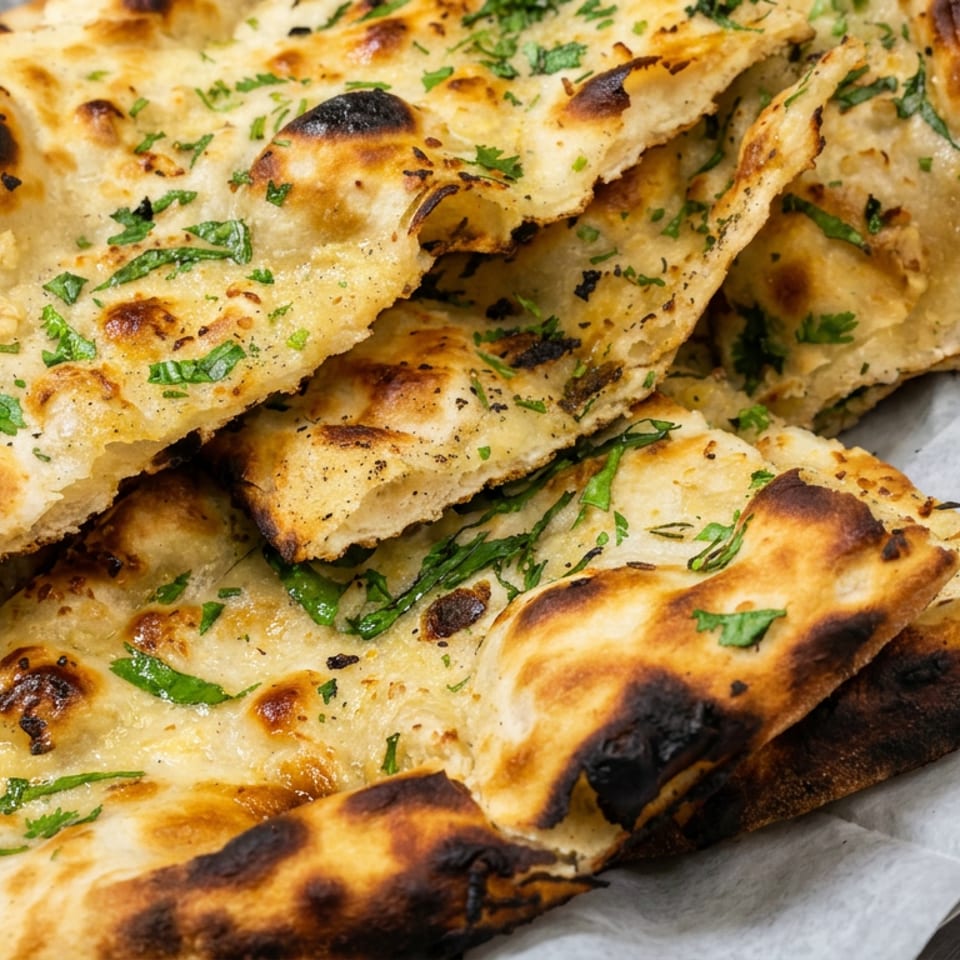 Stacked pieces of golden, charred flatbread garnished with chopped herbs on parchment paper.